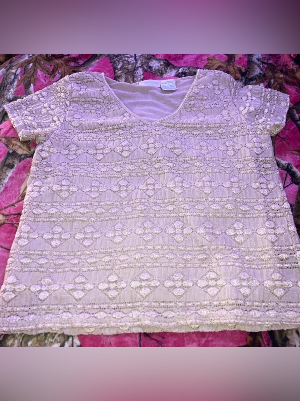 Worthington stretch blouse featuring a cream-colored lace design